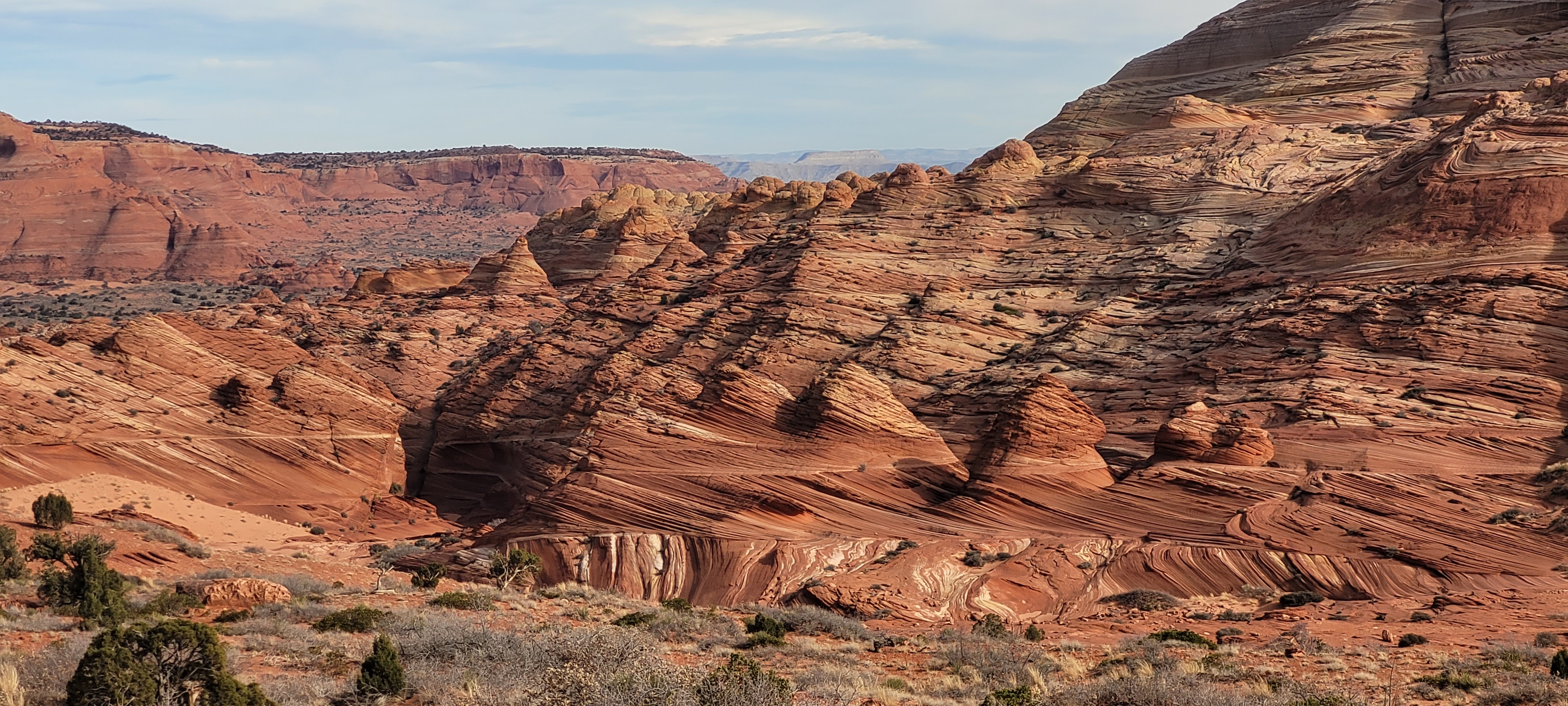 A rugged landscape featuring layered red rock formations and mesas is the epitomy of the Wave experience.